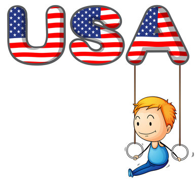 The USA letters with a young boy playing
