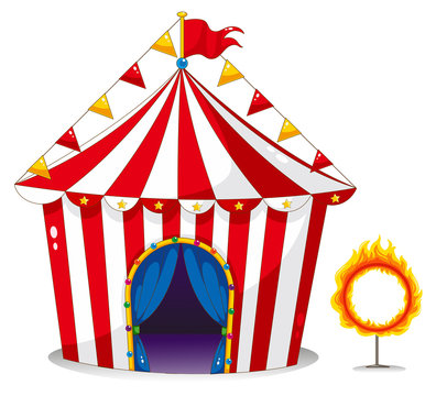 A circus tent beside a ring of fire