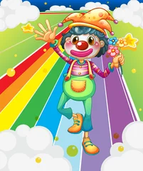 Cercles muraux Arc en ciel Un clown féminin avec des fleurs sur la route colorée