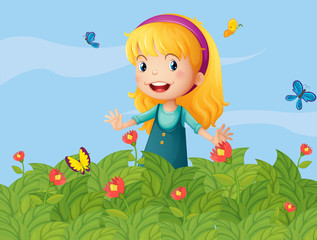 A girl with butterflies at the garden
