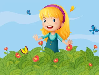 Foto op Plexiglas Een meisje met vlinders in de tuin © GraphicsRF