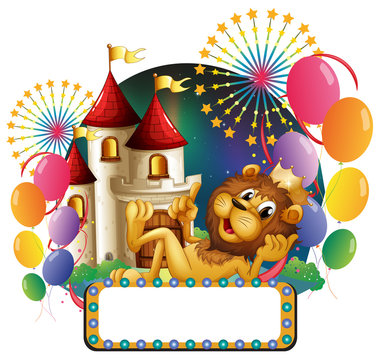 A lion king lying in front of a castle with balloons and firewor