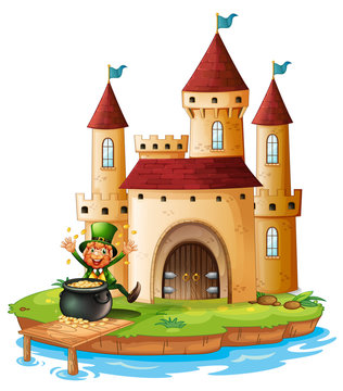 A castle with an old man near the pot of gold coins