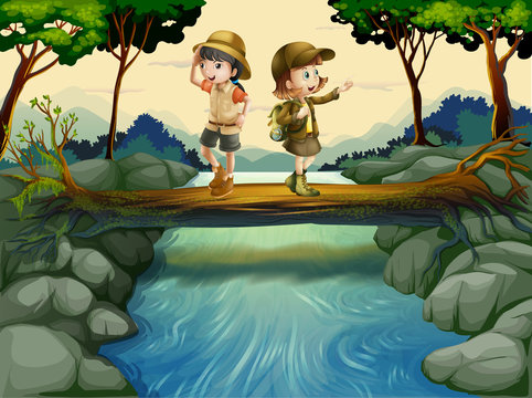 Two kids crossing the river