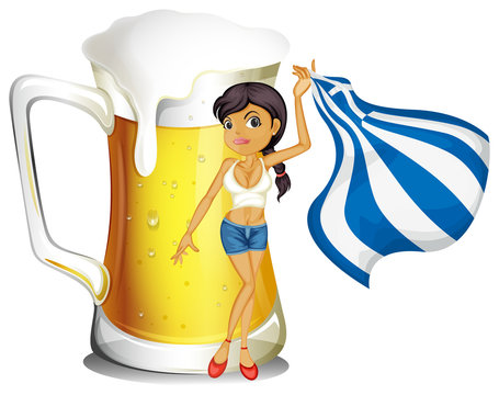 A girl holding the flag of Greece in front of a big mug of beer