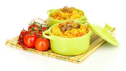 Delicious pilaf with vegetables isolated on white