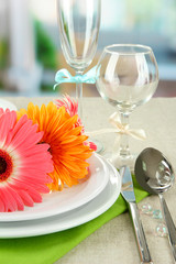 Table serving on bright background