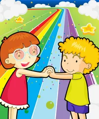 Foto op Plexiglas Regenboog Een kleurrijke weg met een meisje en een jongen hand in hand