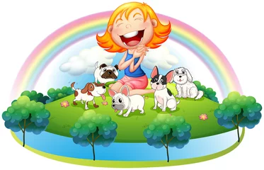 Foto op Canvas Een eiland met een meisje en haar vijf huisdieren © GraphicsRF