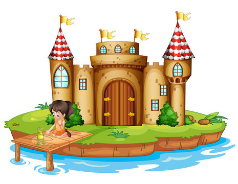 A girl sitting with a frog in front of a castle
