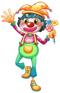A female clown with three flowers