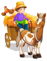 Fototapete Bauernhof Ein Bauer reitet in seinem Holzkarren mit einem Pferd und einem Huhn