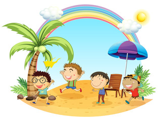 Obraz na płótnie Canvas Czterech chłopców o wycieczce na plaży