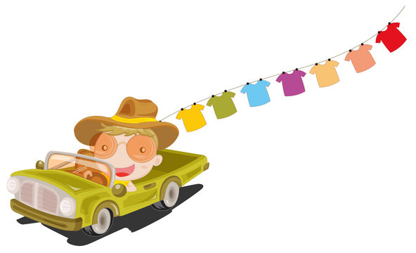 A man in a car in front of the hanging clothes