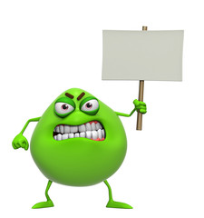 3d cartoon cute green monster holding placard