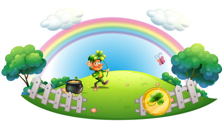 Obraz premium A man with a pot of gold coins inside the fence