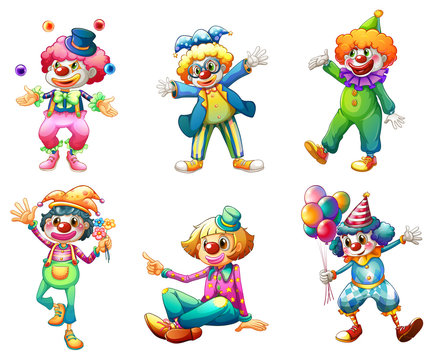 Six different clown costumes