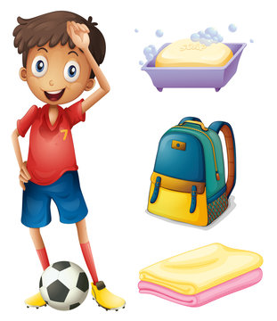A soccer player with his backpack and bathroom stuffs