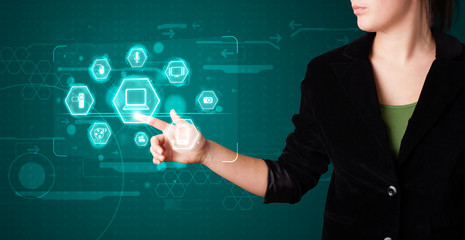 Girl pressing virtual media type of buttons