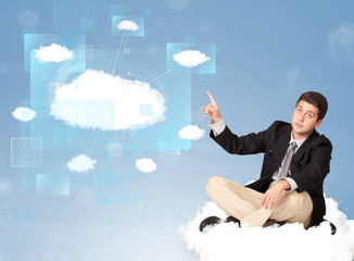 Happy man looking at modern cloud network