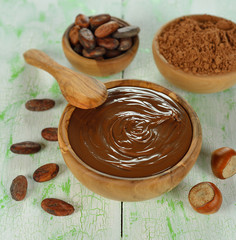 Chocolate, cocoa beans and hazelnuts