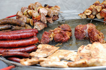 grilled sausages, meats and kebabs on a plate