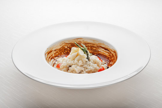 White Asparagus Risotto with licorice sauce
