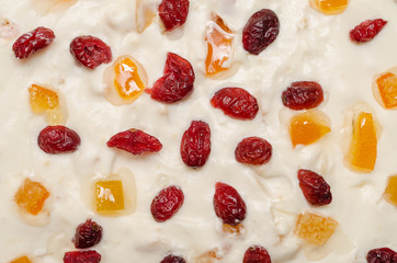 Fruit Cake Topping With Whip Cream And Dried Fruits
