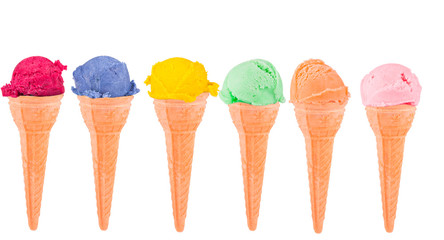 color ice creams with cone on white background 