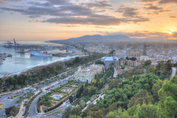 Malaga aerial view at sunset