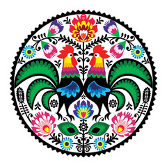 Polish floral embroidery with roosters folk pattern