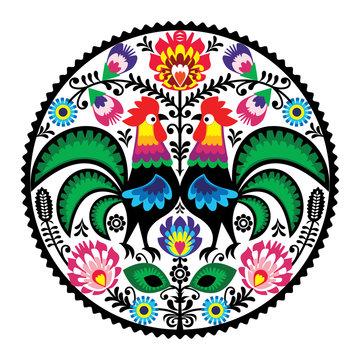 Polish floral embroidery with roosters folk pattern