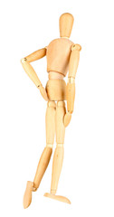 Joint pain at wooden mannequin isolated on white