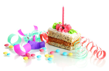 Colorful birthday cake with candle isolated on white