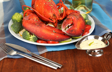 Red lobster on platter on serving table close-up