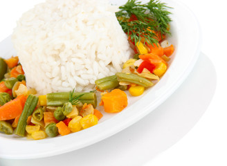 Delicious risotto with vegetables isolated on white