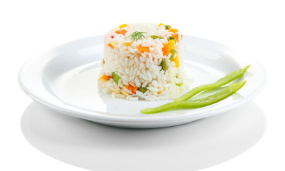 Delicious risotto with vegetables, isolated on white