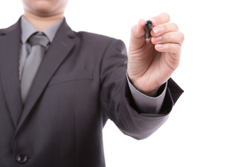 Businessman writing on copy space against white background