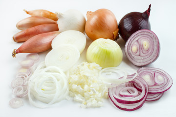 Prepared and cutted onions with bulbs