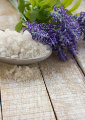 Sea salt in bowl on  wooden background
