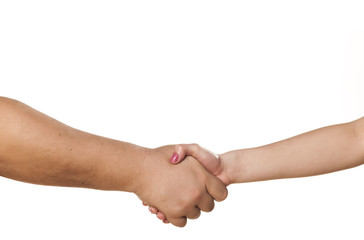 male and female shaking hands on white background
