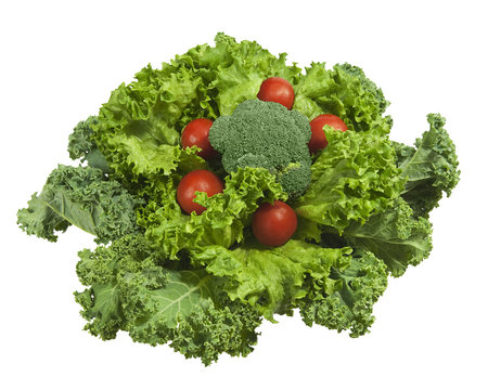 fresh kale, broccoli and tomatoes, isolated