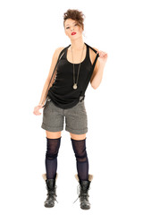 Beautiful woman in shorts and military boots
