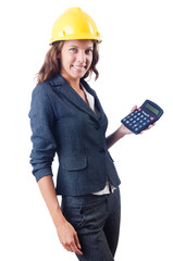 Female builder with calculator on white