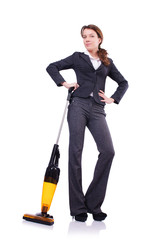 Young woman with vacuum cleaner on white