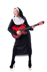 Nun playing guitar isolated on white