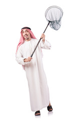 Arab businessman with catching net on white