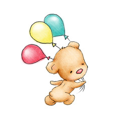 Obraz premium Baby Bear running with three colorfull balloons