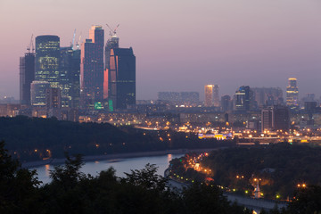 Evening cityscape of skyscrapers in Moscow