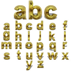 Conceptual 3D yellow shiny gold golden metal font set